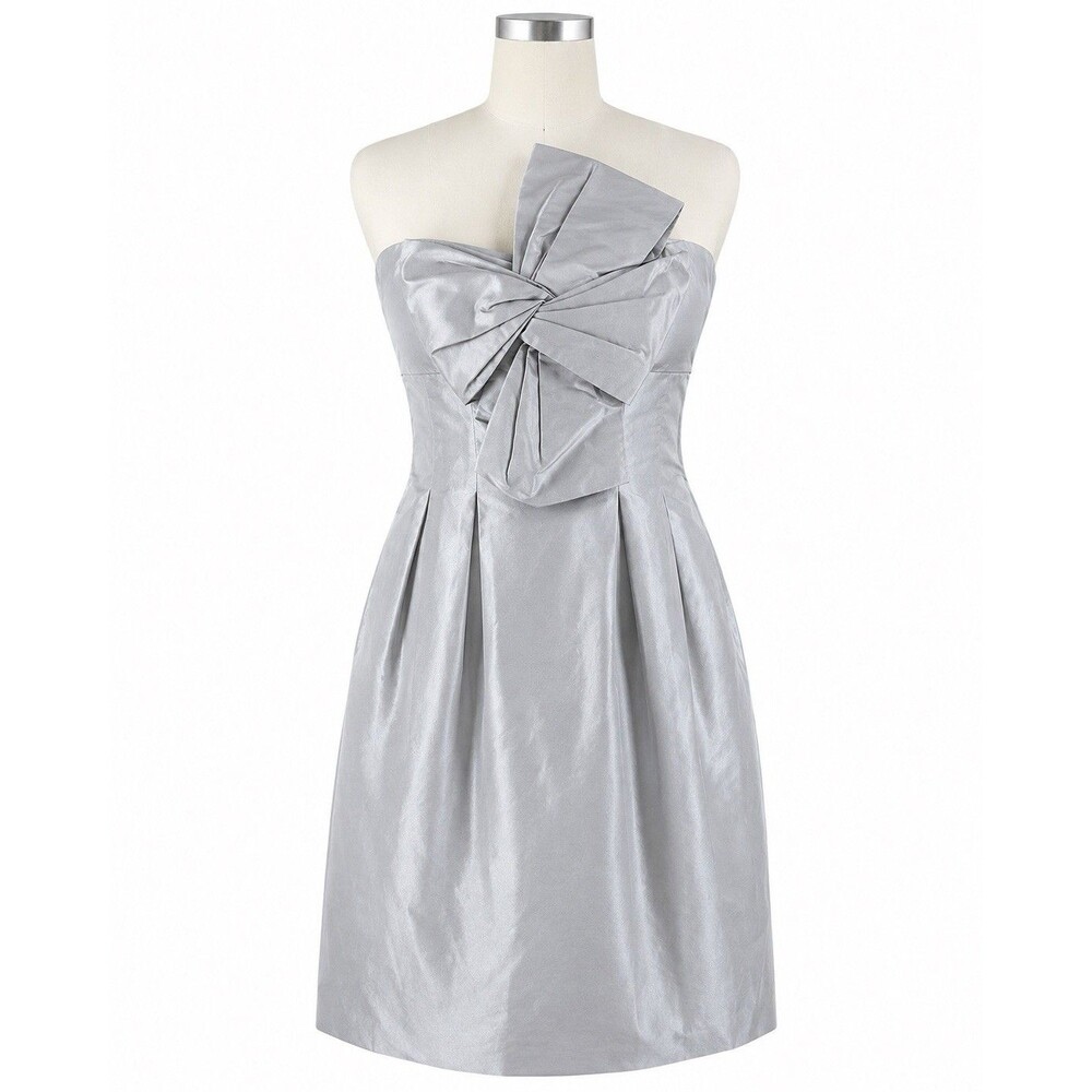 J.Crew Bow Monde Dress Size 2 Silver Silk Taffeta Strapless Bow Cocktail